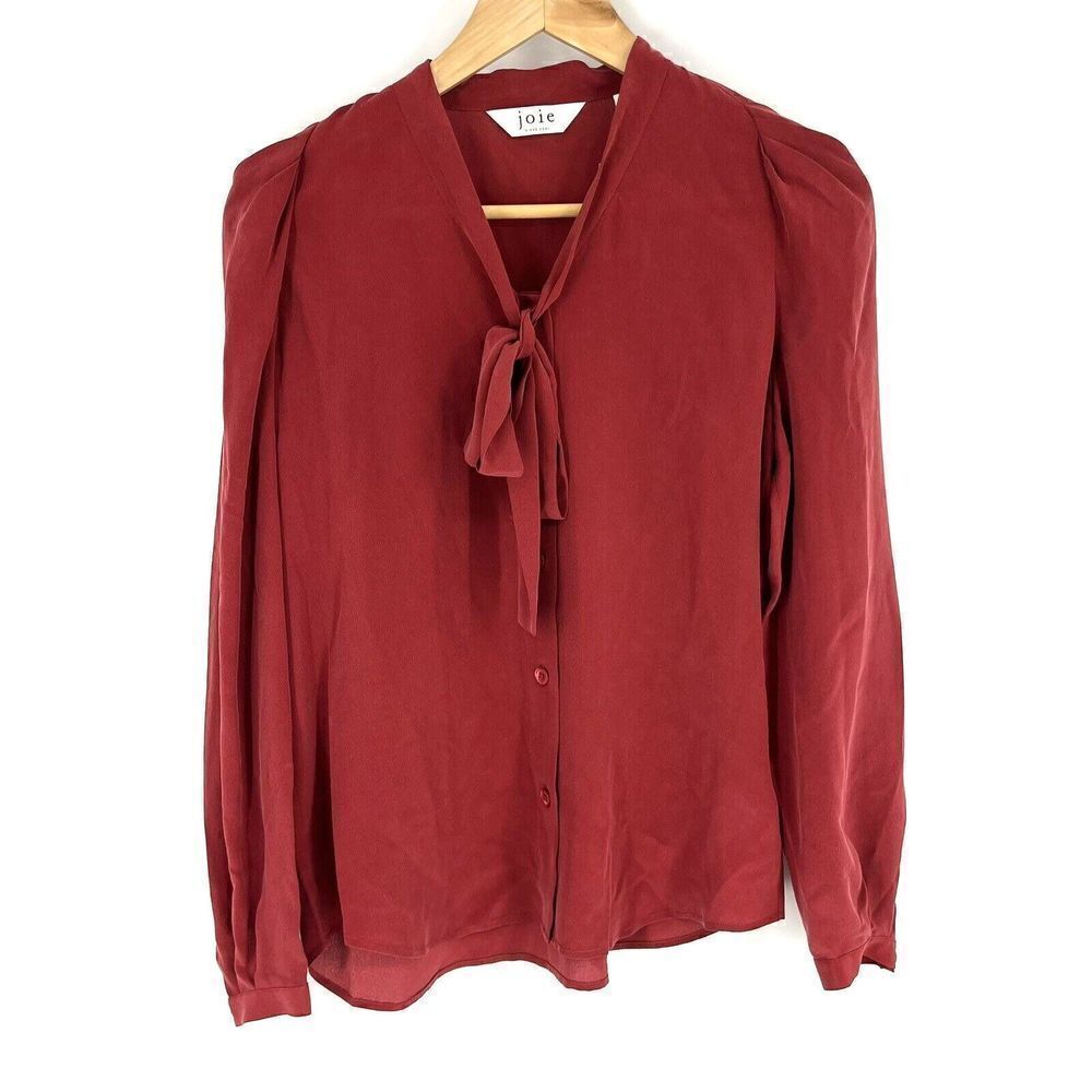Joie Blouse Size XS Womens Red Eldridge Silk Tie Neck Top Button Up Puff Sleeve